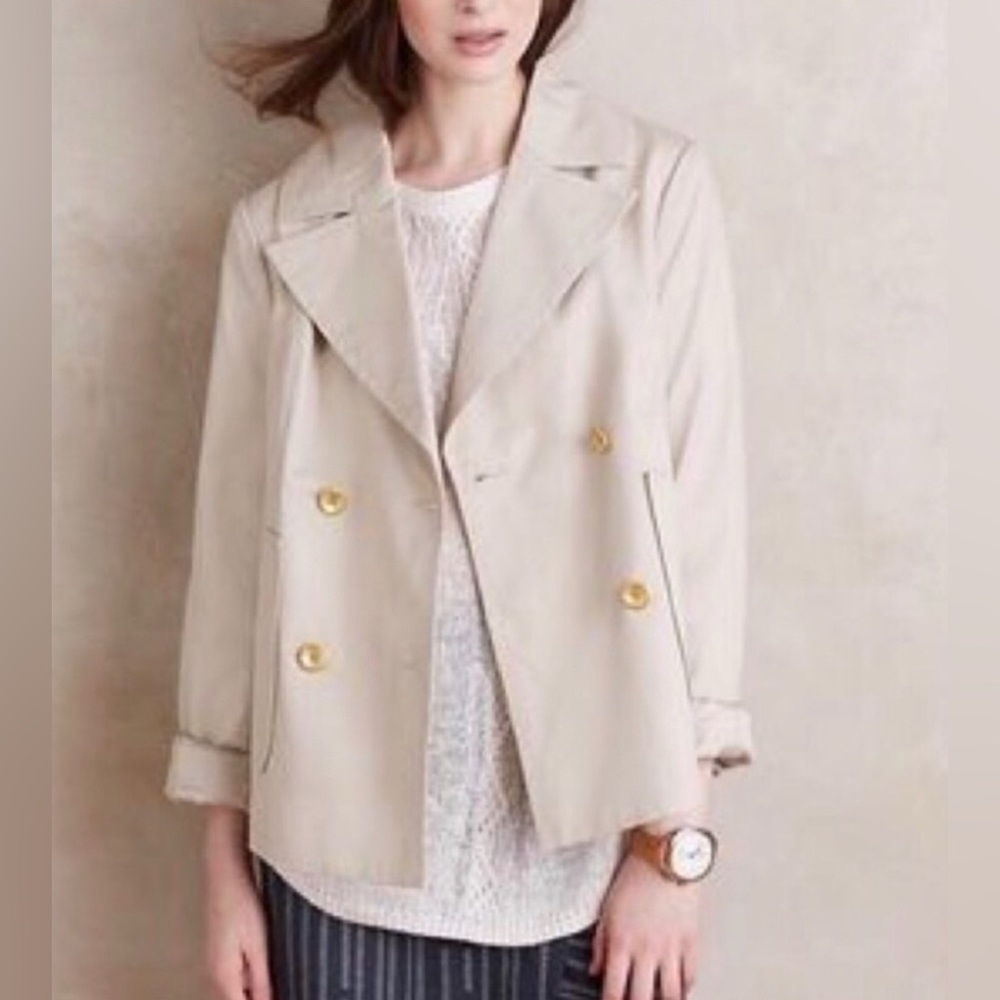 ANTHROPOLOGIE ✨ CARTONNIER Mini Trench Tan Pleat Back Jacket Women's Size 6 EUC